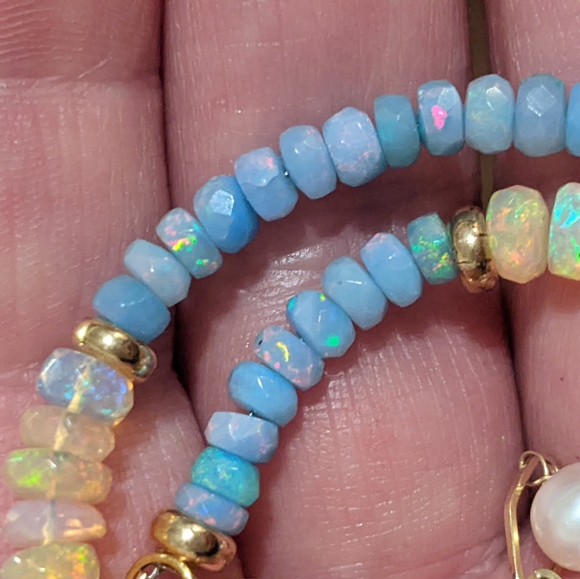 14k Yellow Gold Opals & Blue Opal Pearl Link Necklace with Moonstone Charm - Picture 15 of 16